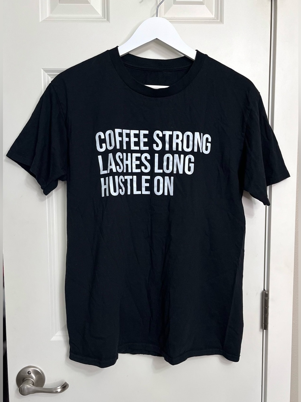 ‘Coffee Strong Lashes Long Hustle On’ Crewneck Tee